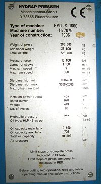 Spec sheet on this 1600ton Schuller Hydraulic press being sold by Tech Machinery Sales .. click for largeview
