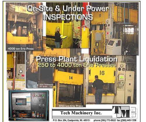 20 Used Erie Stamping presses form 250 to 4000 tons being sold at bankrupt prices.